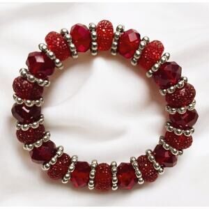 Ruby Red Austrian Czech Crystal Beads & Silver Spacer Stretch Bracelet